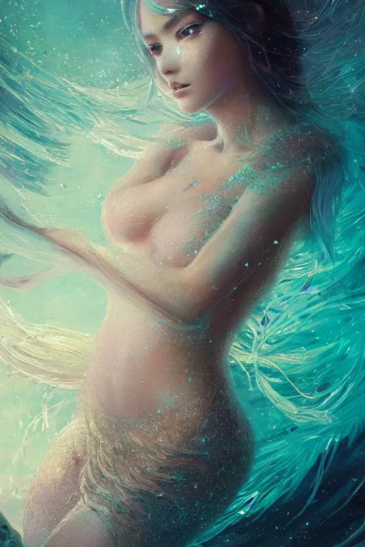 Image similar to A fancy portrait of a crystalized mermaid by Greg Rutkowski, beeple, Sung Choi, Mitchell Mohrhauser, Maciej Kuciara, Johnson Ting, Maxim Verehin, Peter Konig, final fantasy, macro lens, 35mm, 8k photorealistic, cinematic lighting, HD, high details, dramatic, dark atmosphere, trending on artstation