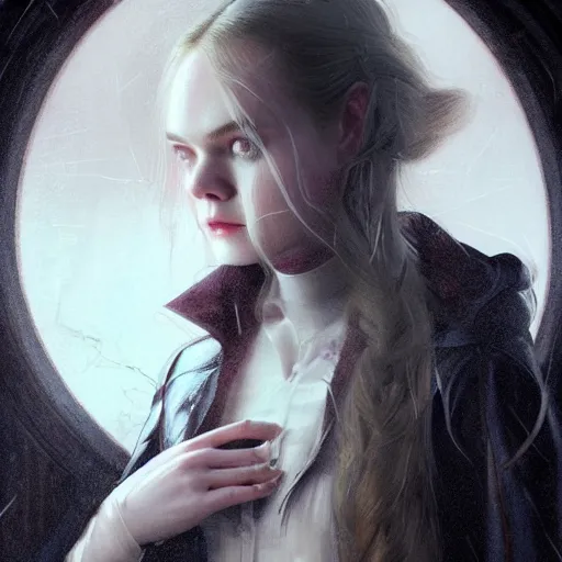 Image similar to elle fanning as a vampire in prey and dishonored, heavy rain, wind, thunder, reflections, deep focus, d & d, fantasy, intricate, elegant, highly detailed, digital painting, artstation, concept art, matte, sharp focus, illustration, hearthstone, art by artgerm and greg rutkowski and alphonse mucha