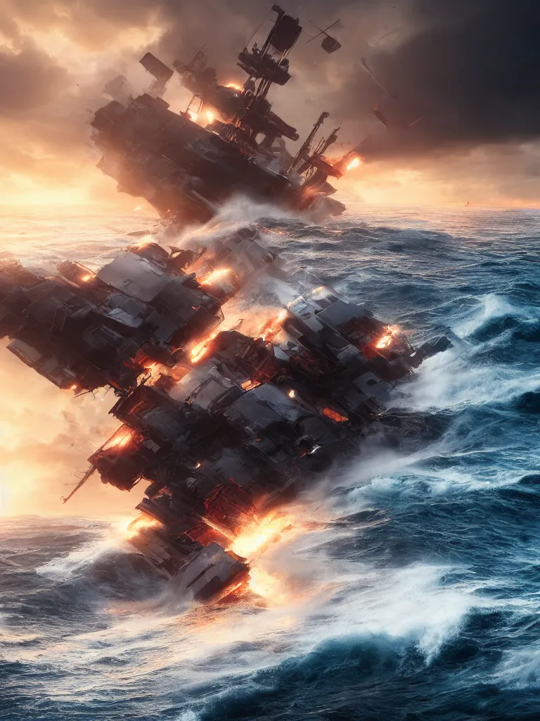 Image similar to breaking apart crashing damaged and on fire mecha battleship sailing alone on a stormy sea at sunset,large waves, explosions, battletech, octane render , aerial photo, cinematic