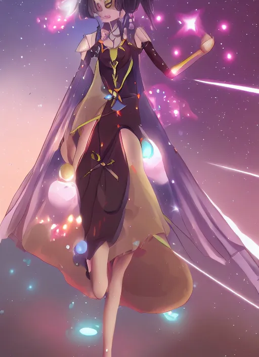 Image similar to a magical girl transformed in a meteor shower, anime, pixiv, artstation