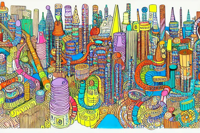 Image similar to an elaborate penned child illustration of a colorful intricate connected city of tubes and pipes, by martin handford and by jan van haasteren