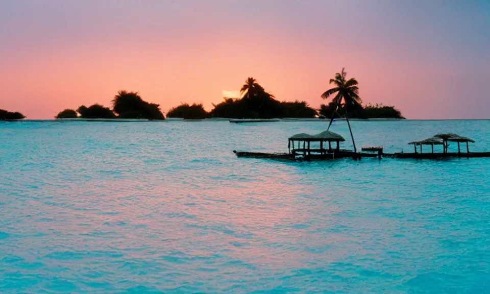 Image similar to 35mm film still, morning light over an island in the maldives, color palette of gold