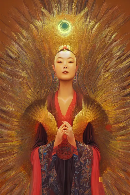 Prompt: oil painting, ancient chinese goddess, the incarnation of the sun bird, sunlit, paint texture, digital painting, highly detailed, artstation, sharp focus, illustration, concept art