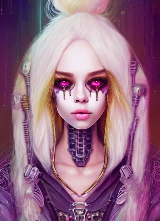 Image similar to soft lustrous ivory biotech raver clowncore madison beer gothic cyborg, earbuds, golden ratio, details, sci - fi, fantasy, cyberpunk, intricate, decadent, highly detailed, digital painting, ever after high, octane render, artstation, concept art, smooth, sharp focus, illustration, art by artgerm, loish, wlop