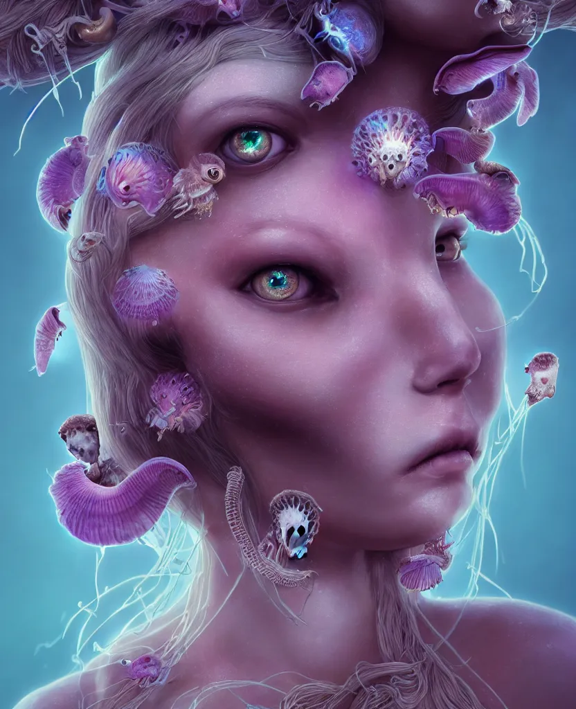 Image similar to goddess close-up portrait of princess face and ram skull. eyes. jellyfish phoenix head, nautilus, orchid, skull, betta fish, bioluminiscent creatures, intricate artwork by Tooth Wu and wlop and beeple. octane render, trending on artstation, greg rutkowski very coherent symmetrical artwork. cinematic, hyper realism, high detail, octane render, 8k