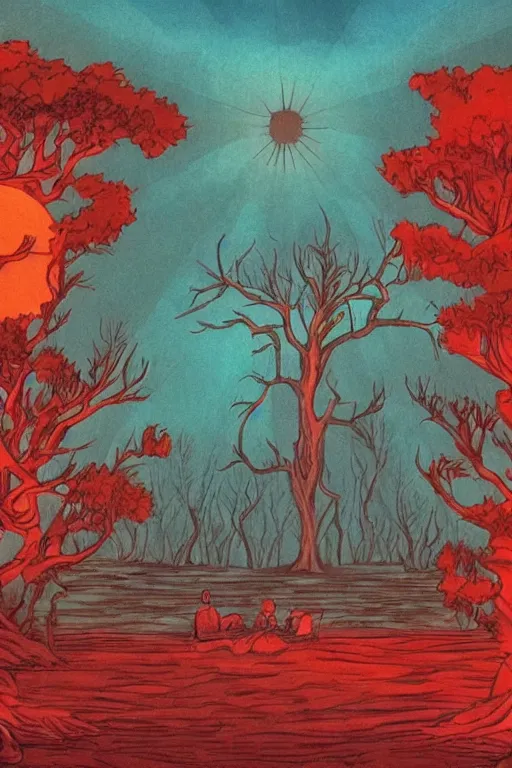 Image similar to semi real, and semi surreal. it's like a blend of a dream and a flawed memory. it's a forest under a red sun. a god sits under a tree, watching over a mystical body of water.