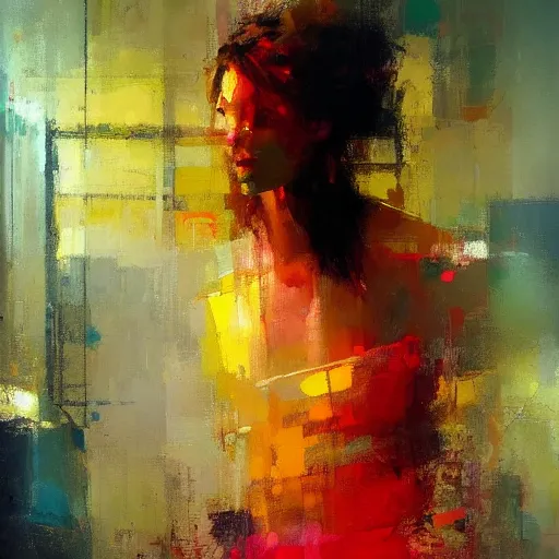 Image similar to high quality abstract painting of a woman in bright colours by jeremy mann