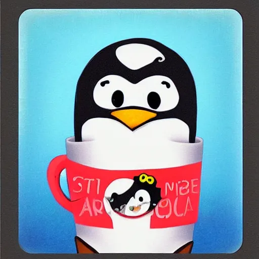 Prompt: penguin kawaii taking a coffee in the middle on the artic, trending in art station polaroid