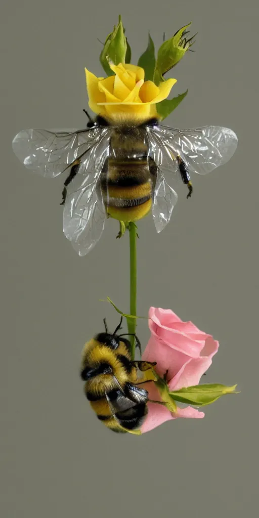 Image similar to platinum fat figure of a plastic bee sleeping inside a rose flower catalogue diagram scientific photography