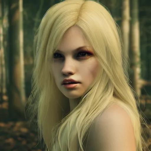 Prompt: very pretty blond dragon girl with scales in a dark forest, perfect symmetrical face, shallow depth of field, moody lighting, single point of light, 8 k, ultra realistic, octane render,