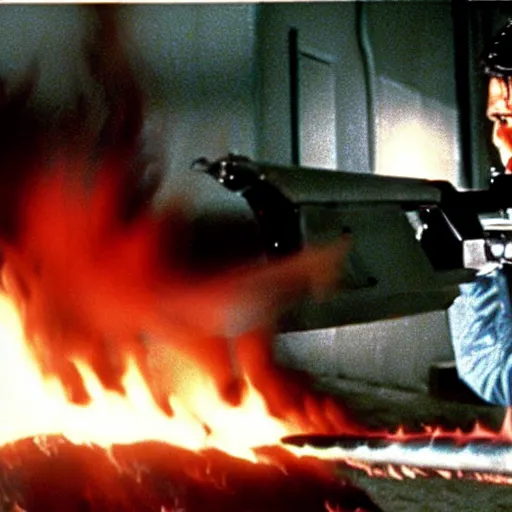 Image similar to movie still of cristiano ronaldo with a flamethrower in the thing (1982), john carpenter, cinematic,