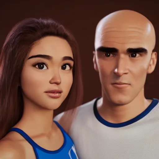 Prompt: young beautiful athletic Filipino woman with long hair standing beside a handsome caucasian athletic thin man with very short buzzed hair, balding, stubble on his face, blue eyes, they are posing, depicted as adult Pixar characters, high quality cg render, 4k