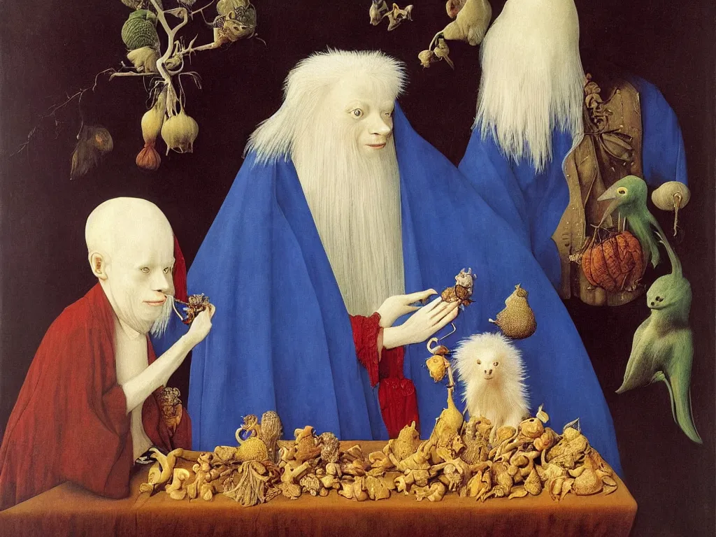 Image similar to Portrait of albino mystic with blue eyes, with exotic beautiful hedgehog. Painting by Jan van Eyck, Audubon, Rene Magritte, Agnes Pelton, Max Ernst, Walton Ford