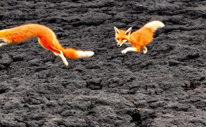 Prompt: A fox jumping over a lake of lava