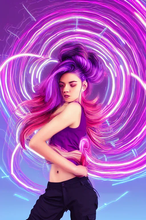 Image similar to a award winning half body portrait of a beautiful woman in a croptop and cargo pants with ombre purple pink teal hairstyle with head in motion and hair flying, surrounded by whirling illuminated lines, outrun, vaporware, shaded flat illustration, digital art, trending on artstation, highly detailed, fine detail, intricate