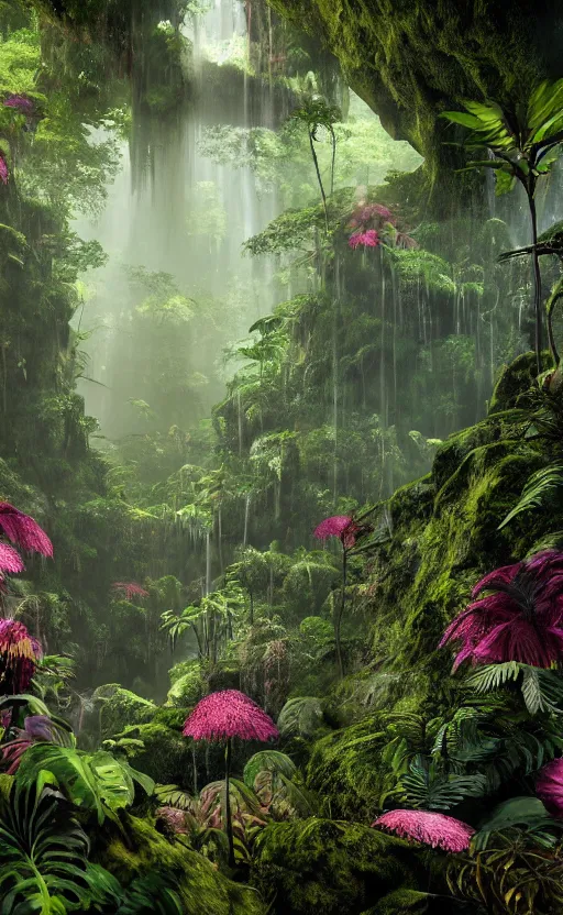 Image similar to a beautiful render of a dark prehistoric rainforest in a humongous cave, lush flora, patches of sky, magenta flowers, sunset, floating mountains and a waterfall in the background, intricate detail, hazy, humid, volumetric lighting, 8 k, photorealistic, raytracing effects, unreal engine 5