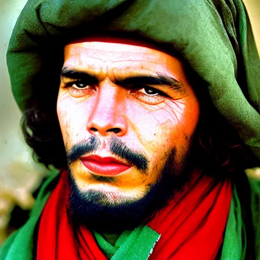 Prompt: portrait of che guevara as afghan man, green eyes and red scarf looking intently, photograph by steve mccurry