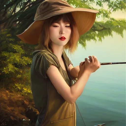 Image similar to oil painting by ilya kuvshinov,, baugh casey, artgerm craig mullins, coby whitmore, of a youthful japanese girl, long hair, fishing and wearing fisherman's outfit, fisherman's hat, highly detailed, breathtaking face, studio photography, noon, intense bounced light, water reflection, large tree casting shadow, serine intense sunlight