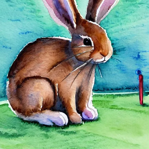 Image similar to a rabbit using a rowing machine, realistic watercolour