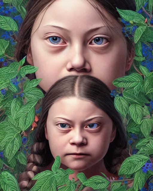 Image similar to highly detailed picture of greta thunberg, orthodox saint, anxious, piercing eyes, ornate background of leaves and flowers, by hsiao - ron cheng and john james audubon and miho hirano, moody lighting, 8 k, hd, 8 k