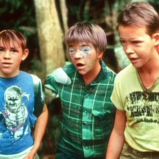 Image similar to a still of from the movie stand by me crossover with the movie the toxic avenger