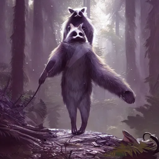 Prompt: magical raccoon druid in the forest, fantasy setting, Greg Rutkowski, trending on artstation, hyper detailed,