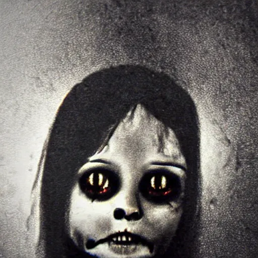 Image similar to creepy scary horror terror dream dark mezzotint girl from ring old photograph cursed