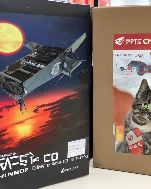 Prompt: Photo of a GPU box sitting on a store shelf in microcenter with a silly artwork of a cat flying a UFO printed on the box