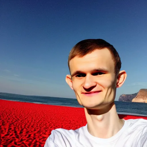 Image similar to vitalik buterin on a red beach taking a selfie