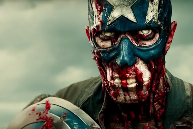 Image similar to film still of zombie zombie Captain America as a zombie in new avengers movie, 4k