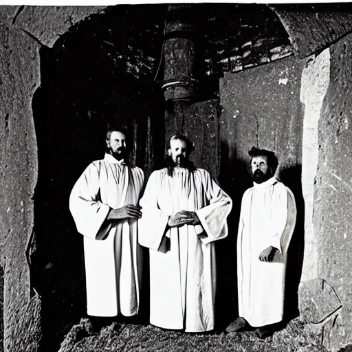 Image similar to worshippers dressed in robes belonging to the cult of the windmill. Dilapidated 1800s windmill. Old windmill. 1800s photo.