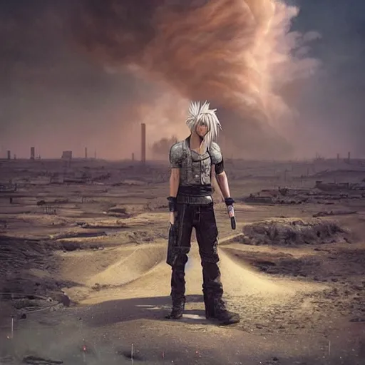 Prompt: Stunning Hyperealistic scene of cloud Strife in a abandoned wasteland, sandstorm by Beeple Andrei Riabovitchev, Jake Souva, Nicola Samori, James Gilleard, Ishbel Myerscough, Scott Radke, Jean-Baptiste Monge jakub