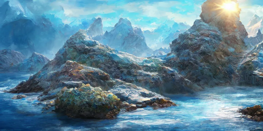 Image similar to a salt covered island surrounded by colourful rugged crystal quartz mountains, illustration, bright sunlight, sun glints, sunrays, digital art, hyperrealistic, oil painting, fantasy, 8 k, trending on artstation, detailed