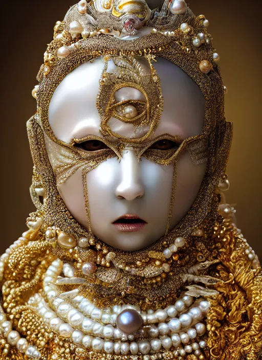 Prompt: hyperrealism, detailed textures, award winning autochrome photo, symetrical japanese pearl old screaming medusa queen autochrome pearl portrait, pearl silverplate, intricate, detailed facial pearl scary animal mask, pearl, golden jewelery, silverplate, ultra realistic, cinematic, intricate, cinematic light by steve mccurry, unreal engine 8 k