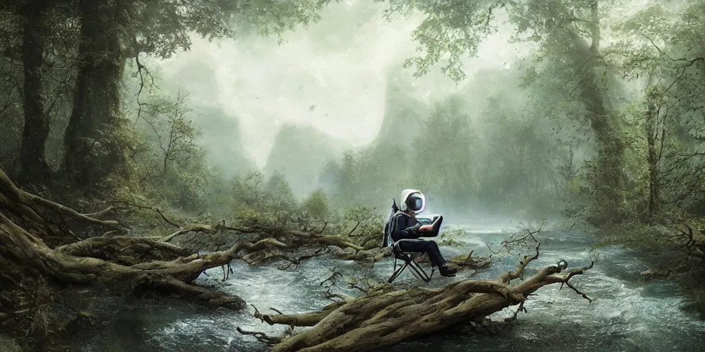 Image similar to an astronaut sitting on a fallen tree by a river in a forest, a detailed matte painting by frieke janssens, featured on cgsociety, fantasy art, matte painting, reimagined by industrial light and magic, matte drawing