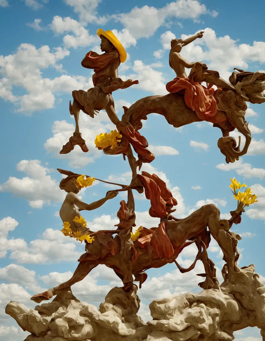 Image similar to a cowboy turning into blooms by slim aarons, by zhang kechun, by lynda benglis, by frank frazetta. tropical sea slugs, angular sharp tractor tires. bold complementary vivid colors. warm soft volumetric light. 8 k, 3 d render in octane. a manly cowboy riding wild flowers sculpture by antonio canova.