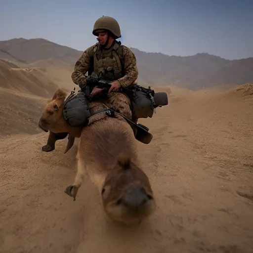 Prompt: cinematic shot of a u. s marine riding on the back of a giant capybara in afghanistan, 8 k, very detailed, very intricate,