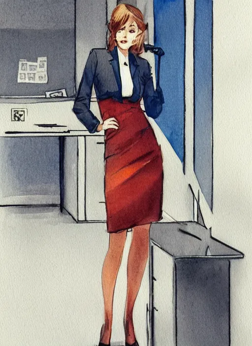 Image similar to concept art of a modern office life, young business woman, pencil miniskirt, pinterest, artstation trending, behance, watercolor *, by coby whitmore, silver, laser light,