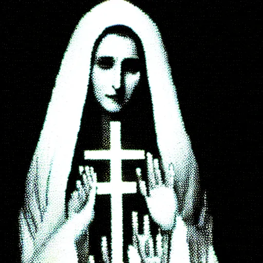 Image similar to marian apparition in forest, high contrast, found footage, vhs, 1 9 9 0, beautiful, highly realistic, highly detailed, vhs noise static, black and white, vhs glitch