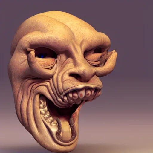 Image similar to an grotesque creature with weird features, looking inquisitively at the camera, 3d render, studio lighting