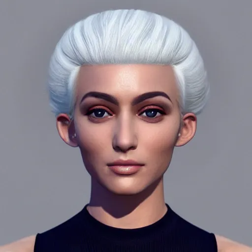 Image similar to “These 3D portraits are unbelievably incerdibly realistic. unreal engine 5. nvidia hairworks. RTX. portrait of Gorgeous girl with white hair and perfect face. In bodysuit. very high detailed. By Charli Amani. ultra by Vishwesh Taskar By Bobbang. perfect facial detail, beautiful, elegant. Portrait. Trenfing Artstation Pro .