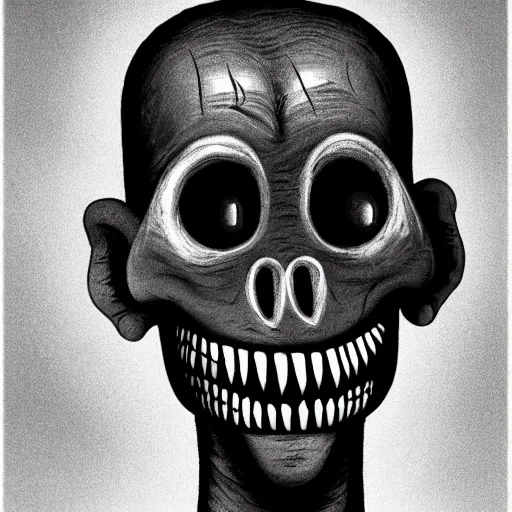 Prompt: humanoid with crooked teeth, black eyes, gaping mouth, alien looking, big forehead, horrifying, killer, creepy, dead, monster, tall, skinny, open mouth, deathly, in the style of alfred kubin