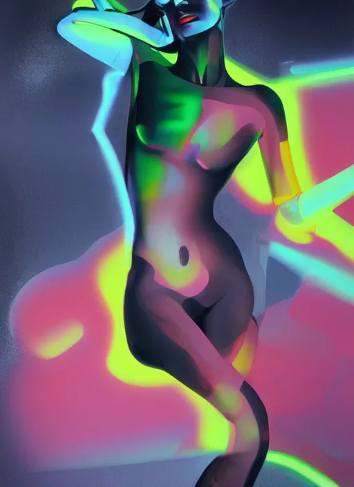 Image similar to futuristic lasers tracing, colorsmoke, fullbodysuit, pyramid hoodvisor, raindrops, wet, oiled, beautiful cyborg girl aphrodite pinup, by steven meisel, kaws, rolf armstrong, hannah af klint, perfect geometry abstract acrylic, octane hyperrealism photorealistic airbrush collage painting, monochrome, neon fluorescent colors, minimalist rule of thirds, eighties eros