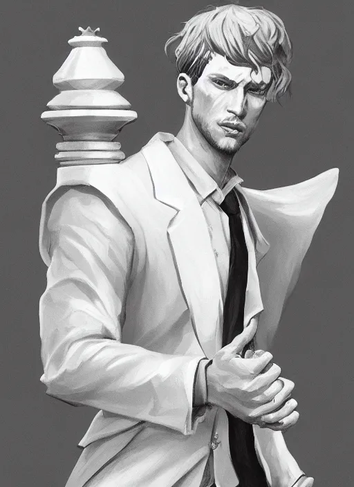 Image similar to a highly detailed illustration of short ginger haired man wearing white suit, dramatic holding chess piece pose, intricate, elegant, highly detailed, centered, digital painting, artstation, concept art, smooth, sharp focus, league of legends concept art, WLOP