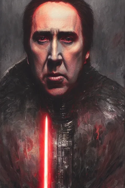 Prompt: Nicholas Cage Sith Lord, star wars, dark fantasy, intricate, highly detailed, smooth, artstation, painted by Wayne Barlowe, Greg Rutkowski, zdislav beksinski, Francis Bacon