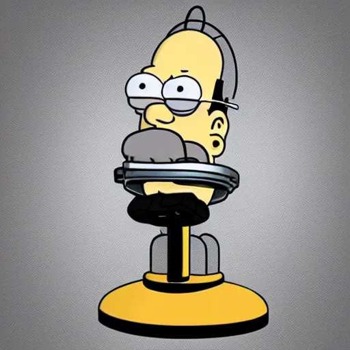 Prompt: a cyborg Homer Simpson, made of matte metal. His eyes are white with a black pupil. It is a whole head and body image