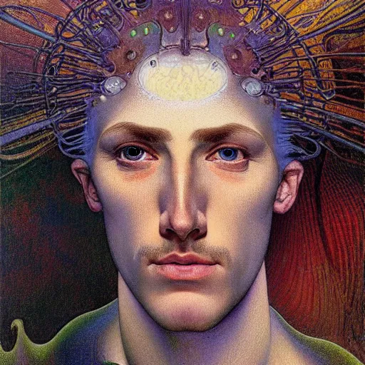 Prompt: realistic extremely detailed portrait painting of an average man ,futuristic , by Jean Delville, Amano, Yves Tanguy, Alphonse Mucha, Ernst Haeckel, Edward Robert Hughes, Roger Dean, rich moody colors, blue eyes