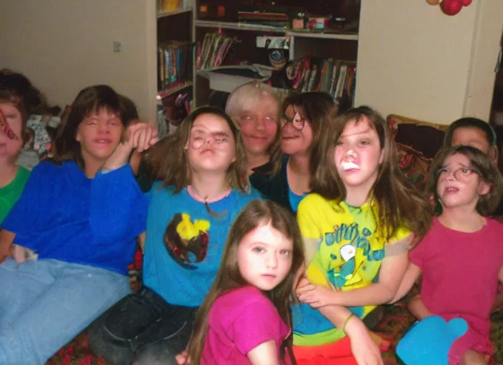 Image similar to Home video footage, VHS image quality, Filmed by dad. Daughter's birthday party.