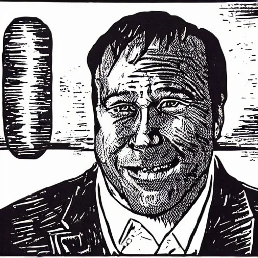 Image similar to alex jones eating a huge twinkie, woodcut,