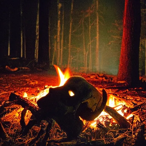 Image similar to skull in a campfire at night, spooky, horror, creepy lighting directed by wes craven